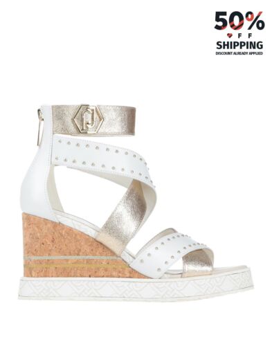 RRP€155 LIU JO Leather Strappy Sandals US7 UK4 EU37 White Logo Studded Metallic - Picture 1 of 5