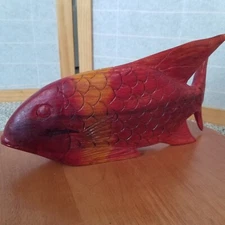 Handcrafted Red Wooden Fish Decor Nautical Good Luck Coastal Folk Art