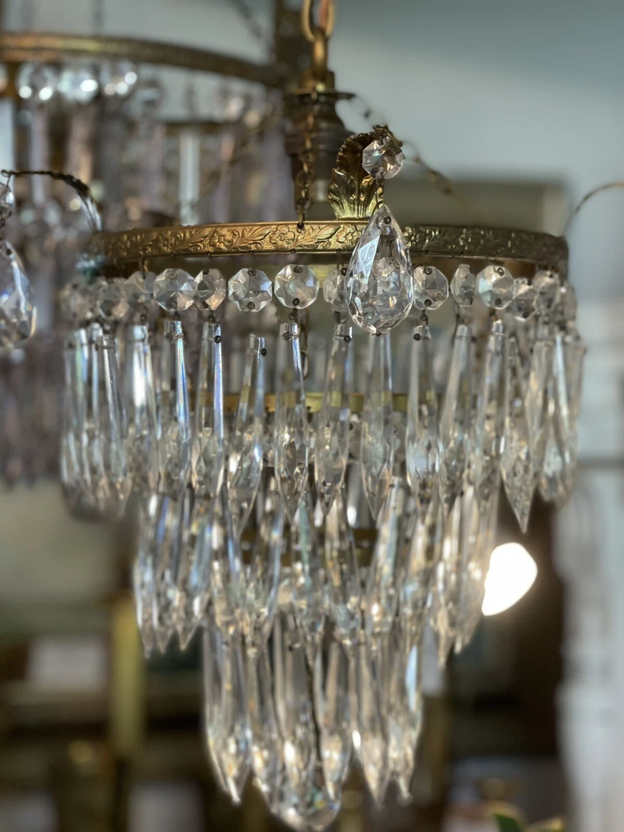 A Fabulous 3 Tier Vintage Waterfall Crystal Chandelier with Gilt Leaves