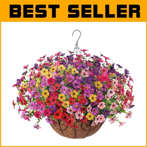 UV Resistant Faux Silk Daisy Hanging Flower Basket for Indoor & Outdoor Elegance