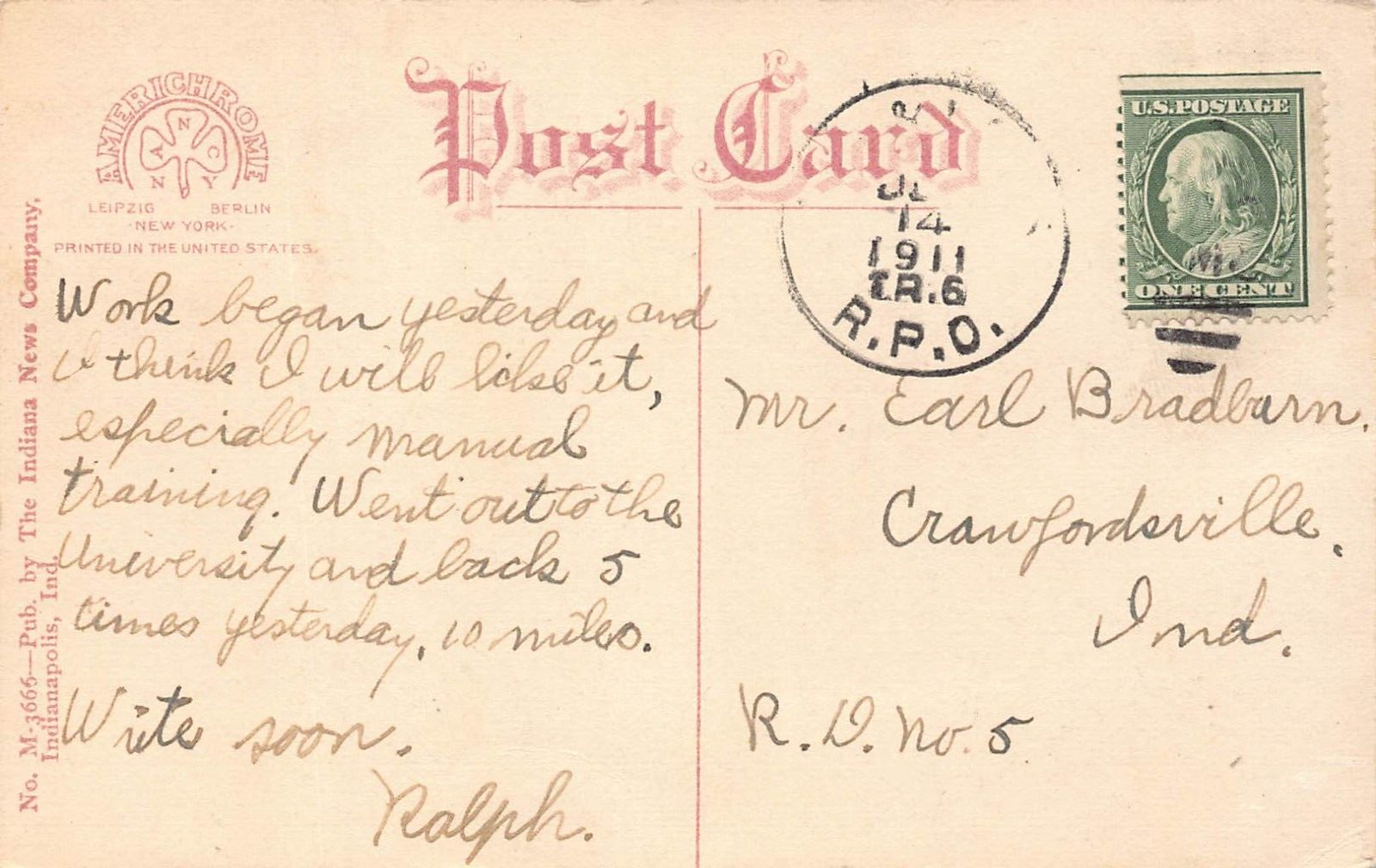 Indiana University Bloomington Library Antique 1911 Hand Colored