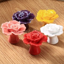 Art Design Ceramic Rose Flower Door Knob Cabinet Drawer Kitchen Cupboard Handle