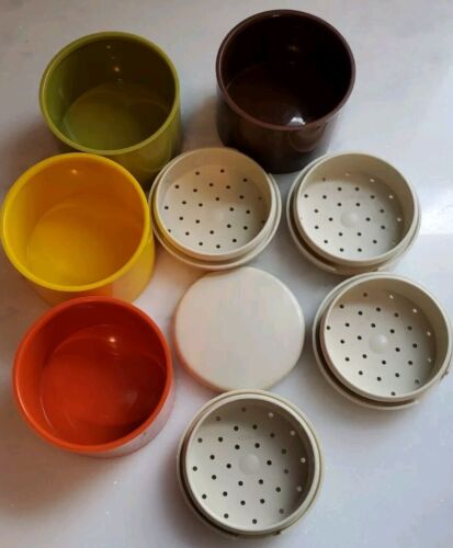 Vintage Tupperware Brown Yellow Green Orange Salt Pepper Shakers Stacking... - Picture 3 of 7