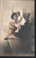 Postcard RPPC Real Photo Woman Baby Hand Colored Paris France Cancel 1914 Infant