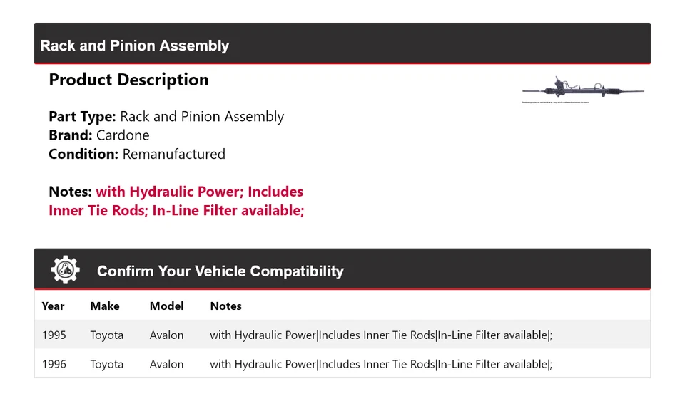 Montaje de piñón y cremallera para Toyota Avalon 1995-1996 cartón Foto 2 de 4
