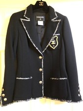Chanel 05c Vintage Iconic New Black Tweed Jacket Silver Trim Cc Gold Patch 36-34