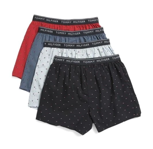 TOMMY HILFIGER Mens Woven Boxers 4 Pack S M L XL Blue 100% Soft Cotton Elastic
