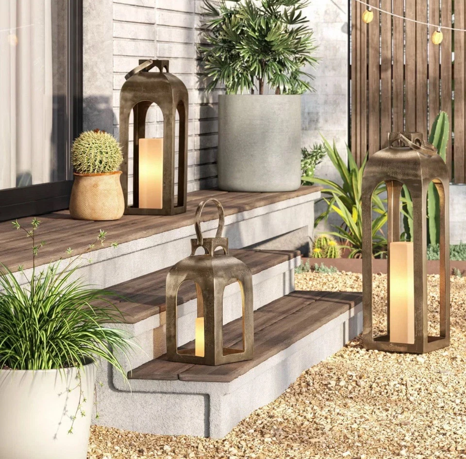 13"x7.5" Pillar Cast Aluminum Lantern Candle Holder Gold- Threshold Studio McGee - Image 3 of 4