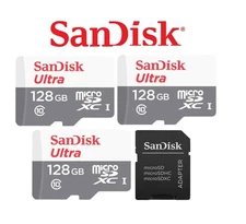 Lot of 3 SanDisk Ultra 128GB MicroSDXC Cards (SDSQUNR-128G-GN6MN) with Adapters