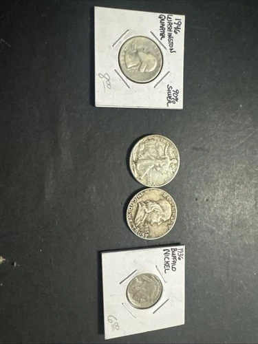 Buffalo Head Nickel 1936, Washington Quarter 1946, Benjamin And Liberty Half.
