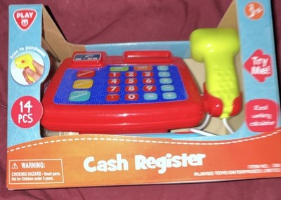 Play Cash Register Toy Red 14 PCS Real Calculator Scanner Tap to Pay