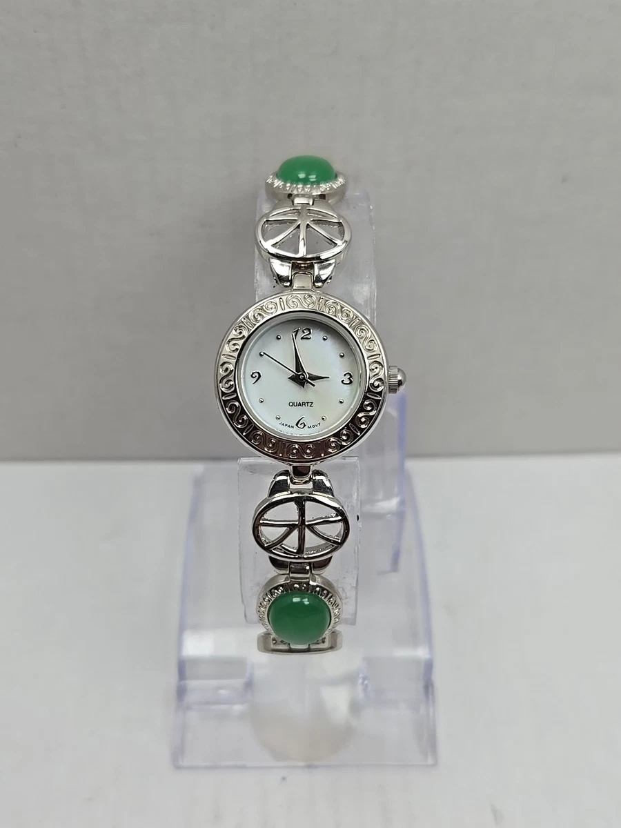 Avon Green Cabochon Oval Link Bracelet Watch Silver Tone Quartz New Battery Avon Analog Oval Wristwatches | eBay main image 3