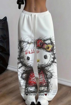 Women s Kawaii Wide Leg Drawstring Sweatpants White S/M/L/XL