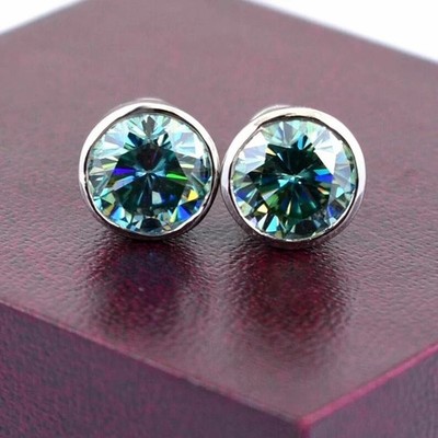 Certified & Natural 2.00 Cts Round Shape Blue Diamond Studs, 14k Gold Studs