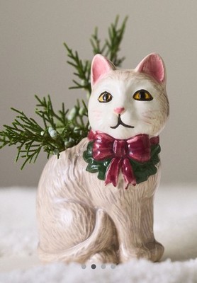 Anthropologie Festive Vintage Inspired Animal Stoneware Cat Vase Christmas New