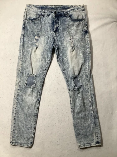 Jean Rue 21 bleu lavé à l'acide taille 36 x 32 homme skinny suprême flex vieilli