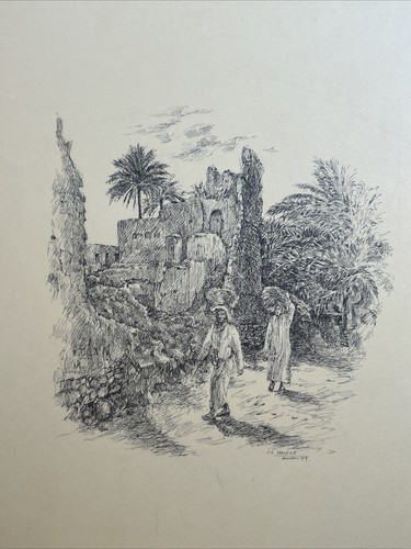 Vintage Arabic Lithograph Print Sketch S.S. HALELA OMAN 1979 16” X 20” - Picture 2 of 11