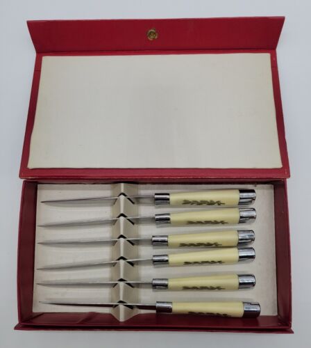 Stellar Mid Century 6 Pc Stainless Steel Serated Edge Steak Knife Set W Box - Picture 1 of 11