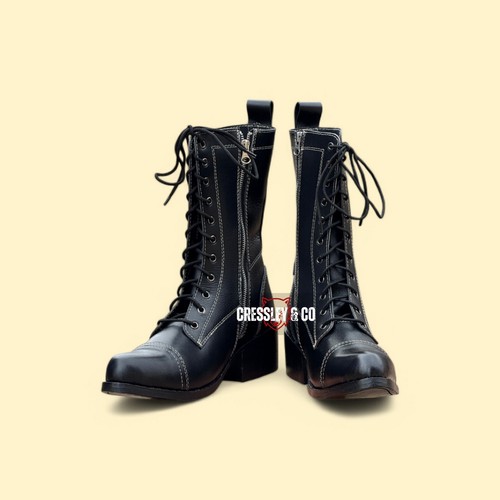 BOTAS CON CORDONES MUJER CUERO NEGRO - DISEÑO VINTAGE CREMALLERA LATERAL, Hechas a la Talla - Imagen 2 de 7