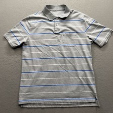 Saddlebred Men's Medium Polo Shirt Gray with Blue and White Stripes