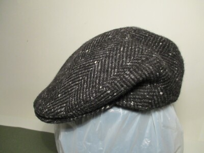 JONATHAN RICHARD WOOL BLACK GRAY HERRINGBONE IRISH TWEED FLAT CAP