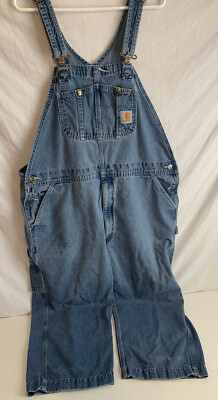 Carhartt Men's Bib Denim Overalls Blue 100% Cotton Size 44” x 30