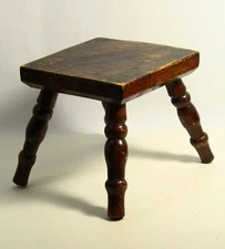 = 19th C.  Hand Crafted Square Milking Stool w 4 Turned Feet,  New England