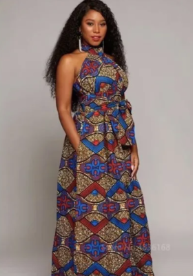 Ankara African Print Sleeveless Tie High Waist Pocket Halter Neck Maxi Dress  | eBay