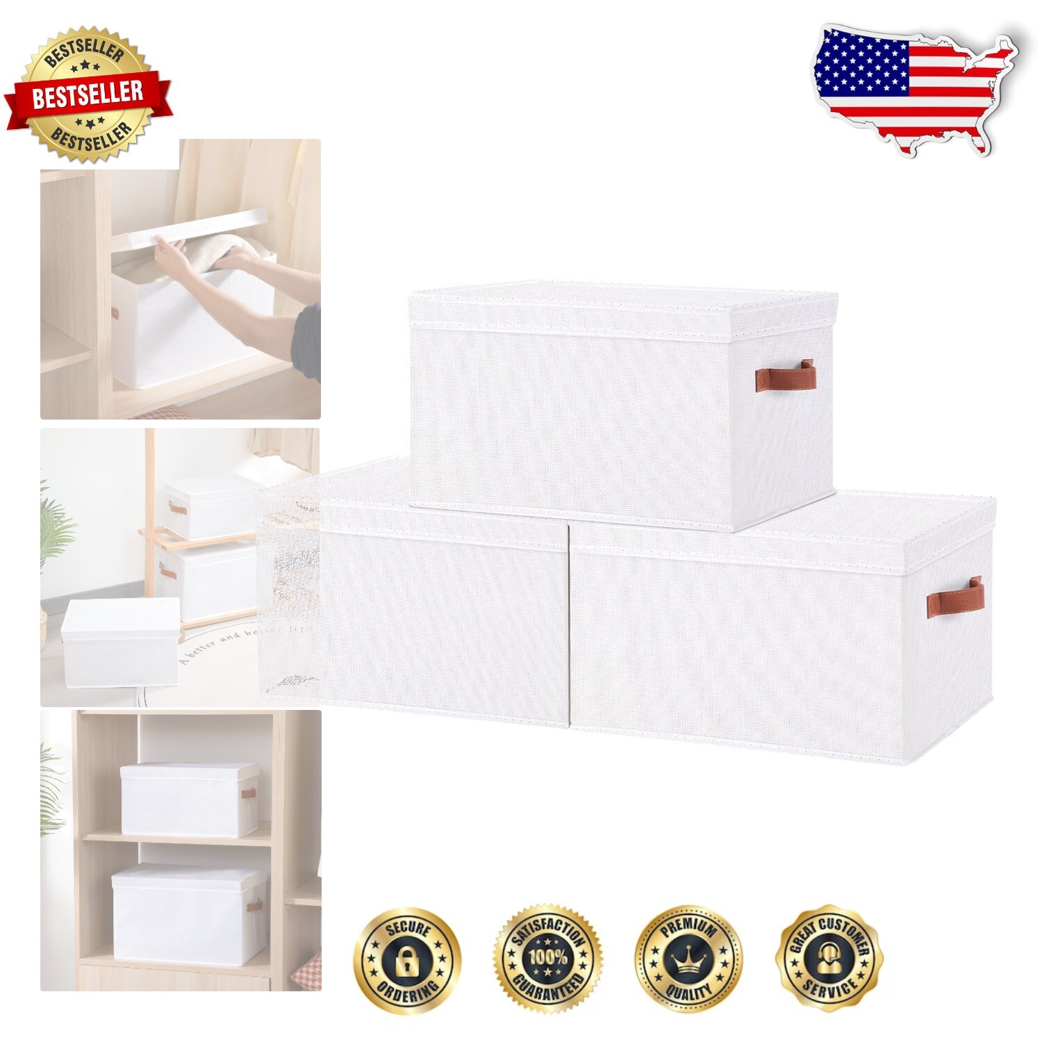 Elegant White Linen Storage Bins with Handles - Perfect for Shelves - 3 Pack