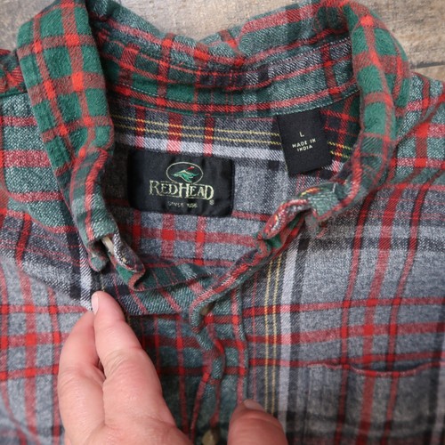 Redhead Mens Large Flannel Red Green & Grey Plaid Button Up Work Shirt - Picture 4 of 5