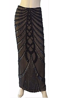 Vtg RANDOLPH DUKE Bead Embellished Black Silk Chiffon Maxi Pencil Skirt  4 MINT