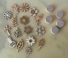 Lot: 21 French Wooden Die Cut Embellishments Round, Flowers, Leaves, Cactus & +