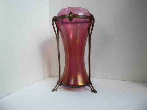 Antique Loetz Type Iridescent Art Glass Vase Bronze Art Nouveau Mounting - Picture 2 of 12