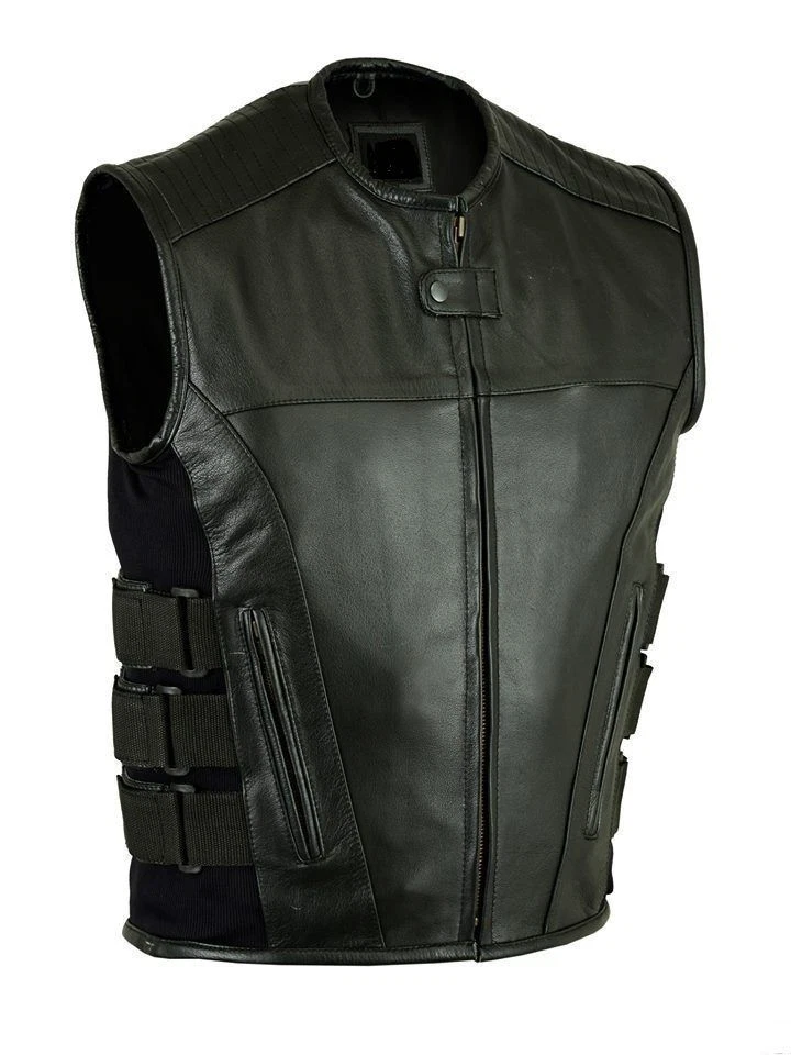 Motorcycle biker SWAT style men's Premium leather vest with two gun pockets