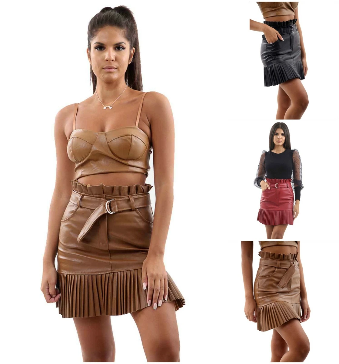 Women Ladies Frill Belted Skirt Faux Leather High Waist Short Pleated Mini Skirt