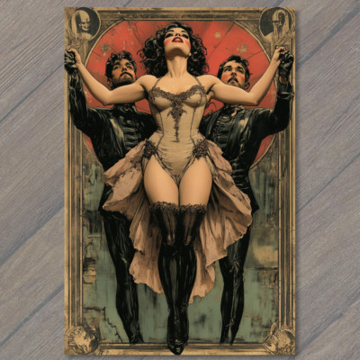 STICKER Burlesque Dancer Held By Two Men In Dramatic Pose Theater Glamour Goth