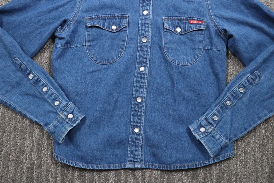 Camisa Mudd Vintage Y2K Pérola Snap Yoke Top Denim Manga Longa Azul Feminina P - Imagem 4 de 4