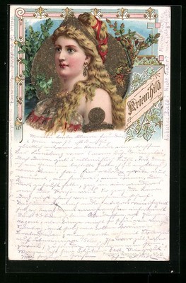 Glitzer-Perl-AK Kriemhilda von einer Aureole mit Glitzer-Perlen umgeben, Jugend 
