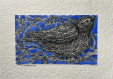 Pamela Wilhelm 3”x5 Original Ink Pen & Watercolor Mounted To 5x7 Bird On Branch