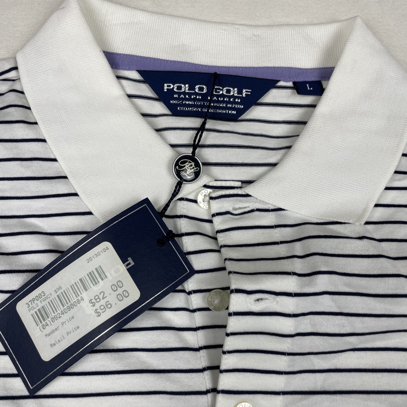 Ralph Lauren Polo Golf Shirt Men’s Large White & Blue Striped 100% Pima Cotton
