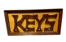 Vintage Wood Wall Hanging KEY Holder Hooks Rack Raised Letters Handmade 70s Boho