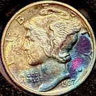Rainbow Toned 1937 Mercury Silver Dime 90% Silver Almost Full Split Bands U.S.