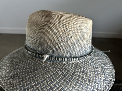 Van Palma Panama Hat S/M Ecru Straw Handwoven Cream & Blue With Pretty Band