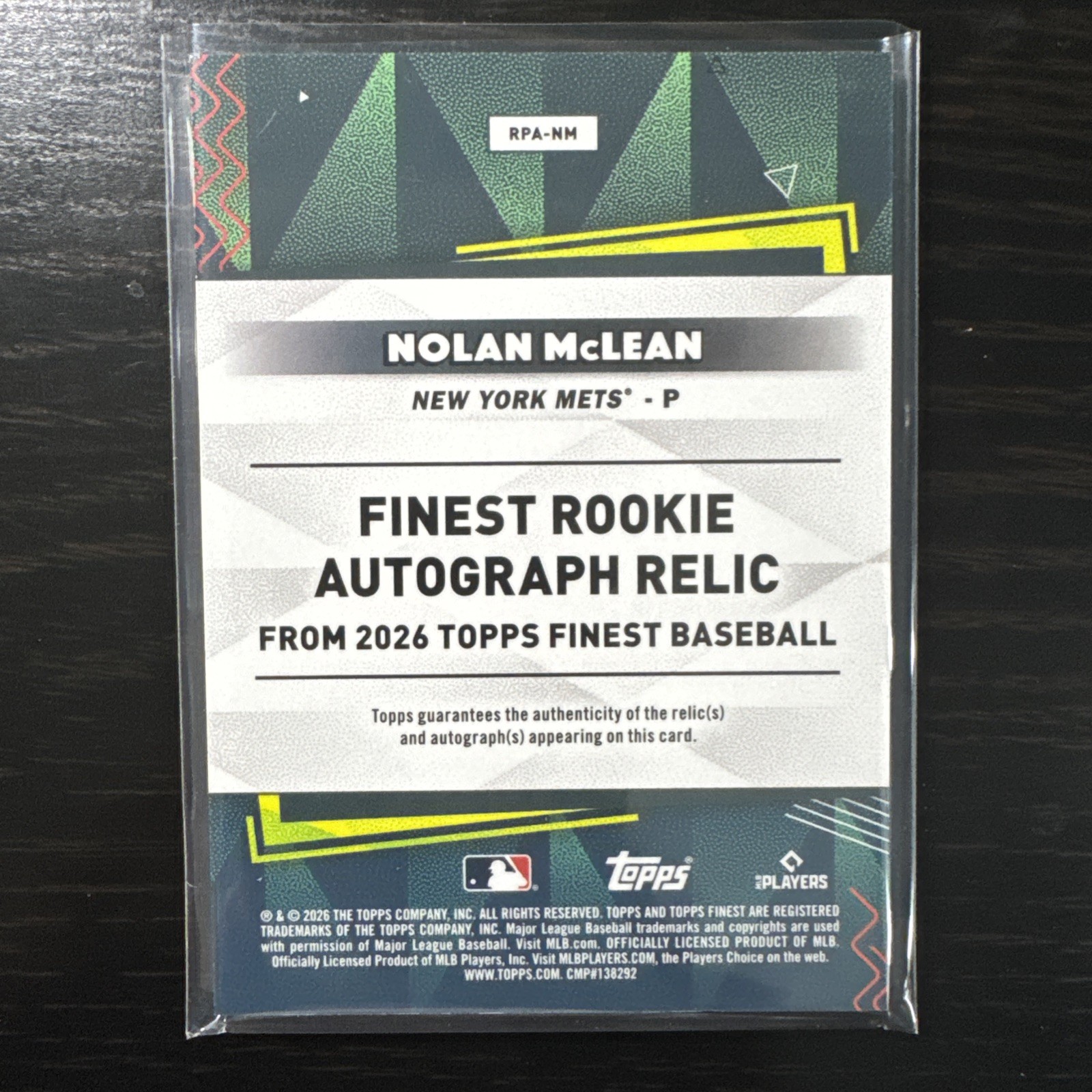 2026 Topps Finest Rookie Nolan McLean  Auto Patch Mets view 2