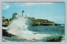 Postcard Lighthouse Nubble Light York Maine ME Crashing Waves Coast View Chrome