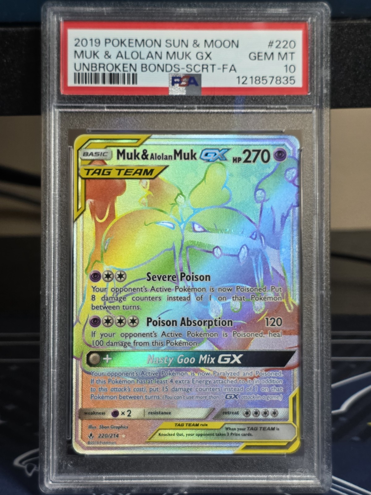 2019 POKEMON SUN & MOON UNBROKEN BONDS #220 MUK & ALOLAN MUK GX SECRET PSA 10