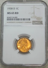 1938-D Lincoln Cent NGC MS65RD Bright Red with Superb Luster, PQ #T229P