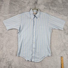 Vintage Manhattan Shirt Mens Medium Blue Stripe Short Sleeve Button 70s