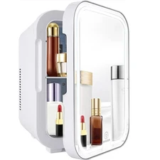 Mini Fridge with Mirror Door & Adjustable LED Lights - 8L Cosmetic Skincare F...