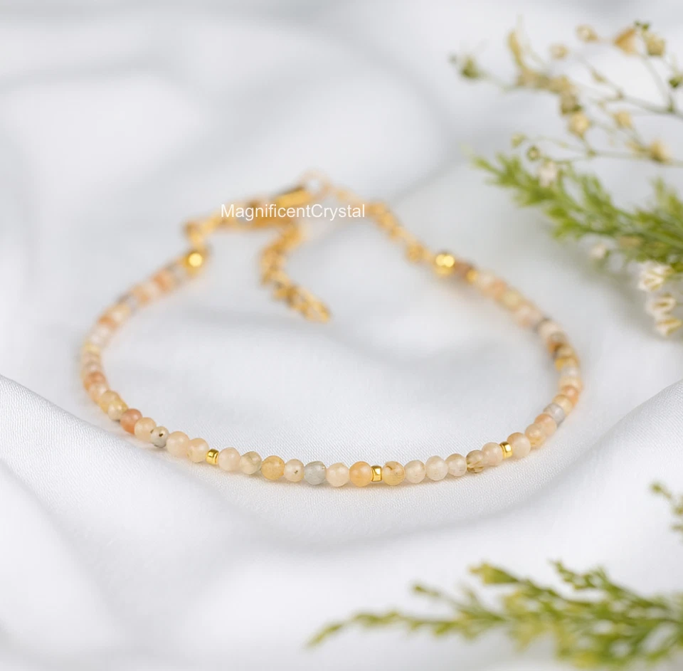 2mm Sunstone Bracelet Minimalist Golden Bead Jewelry Healing Women Reiki Gifts - Image 4 of 4